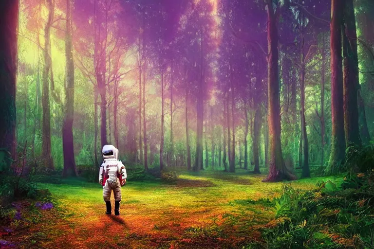 Image similar to Astronaut walking in a beautiful enchanted fantasy forest. Colorful. Cinematic lighting. Photorealism.