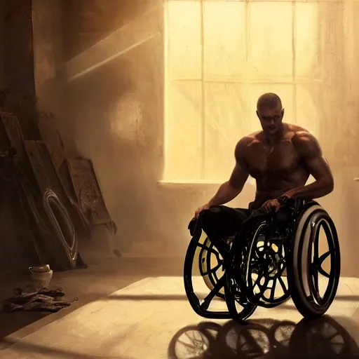 Image similar to handsome portrait of a wheelchair guy fitness posing, radiant light, caustics, heroic, smooth, one legged amputee, gehrnan, translucence, by gaston bussiere, bayard wu, greg rutkowski, giger, maxim verehin