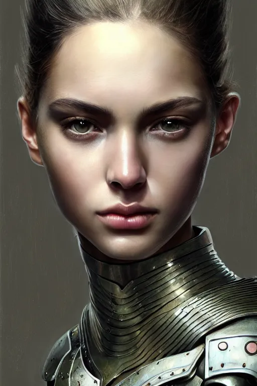 Image similar to a photorealistic painting of an attractive young girl, partially clothed in dull metal-plated battle armor, olive skin, long dark hair, beautiful bone structure, symmetric facial features, perfect eyes, natural physique, intricate, elegant, digital painting, concept art, finely detailed, illustration, sharp focus, minimal artifacts, from Metal Gear, by Ruan Jia and Mandy Jurgens and Artgerm and William-Adolphe Bouguerea, in the style of Greg Rutkowski, trending on Artstation, award winning