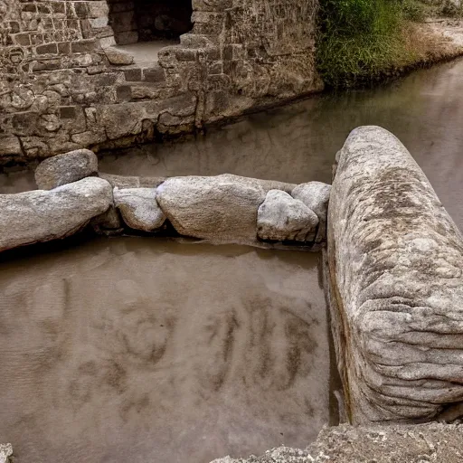 Image similar to detailed footage of european writing in stone in a river, photographic journalism, hunger stones, realistic, european river, carvings of drought and famine