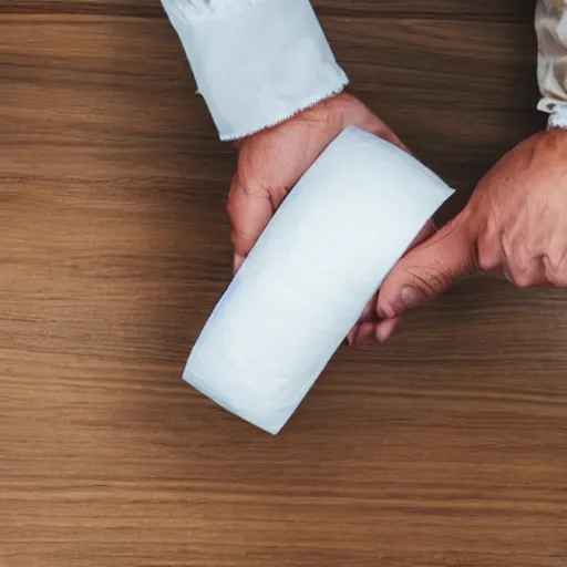 Prompt: a stock photo of a man holding too many rolls of toilet paper