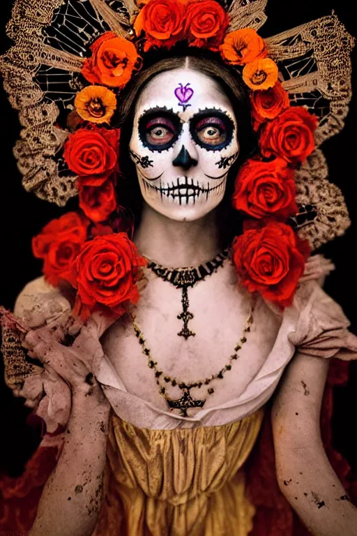 Image similar to 1 9 2 0's virgin mary dia de muertos dress and make up, horrific beautiful vibe, evocative, atmospheric lighting, painted, intricate, highly detailed, leesha hannigan, wayne haag, reyna rochin, ignacio fernandez rios, mark ryden, iris van herpen, stunning, gorgeous, sharp focus, cinematic, masterpiece