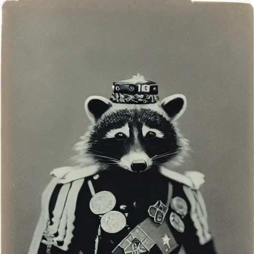 Image similar to vintage photograph of a noble raccoon, dressed in formal military costume with many medals on his chest