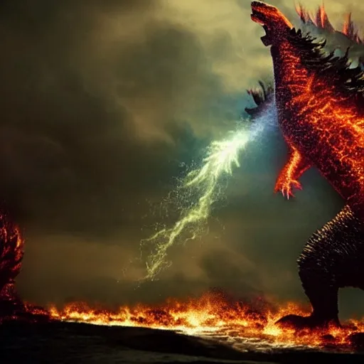 Image similar to godzilla exhaling a large hit from his bong, movie still, cinematic lighting