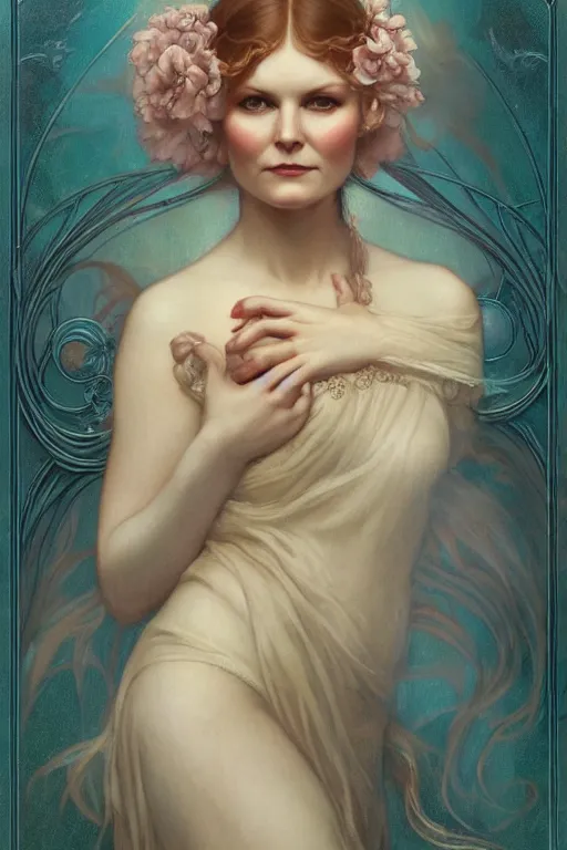 Image similar to Kirsten Dunst by Tom Bagshaw in the style of Gaston Bussière, art nouveau