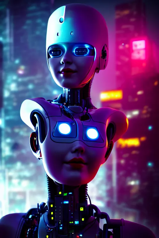 Image similar to a photo close up cyberpunk robot - girl stands in a cyberpunk cambodian street, at night, photorealistic, cinematic lighting, very detailed, style by tomino - sama