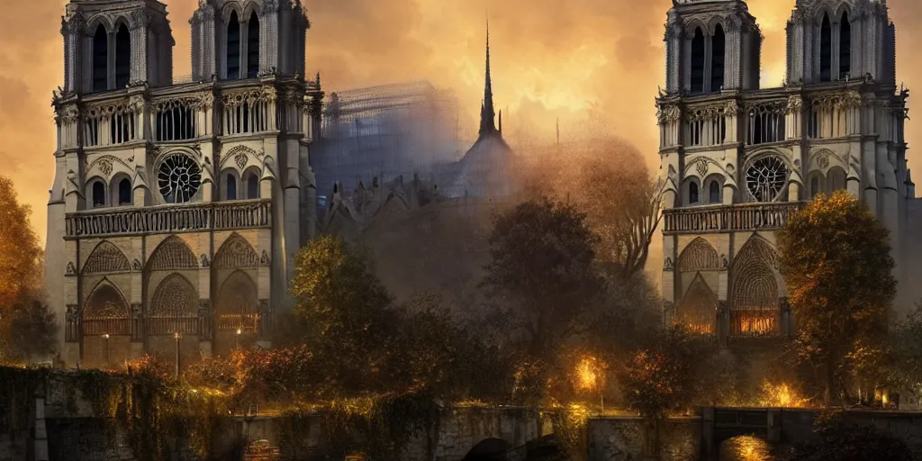 Prompt: Notre dame taken back by nature, by Andreas Rocha + Ted Nasmith, dark, cinematic lighting, masterpiece, highly detailed, 8k resolution, trending on art station