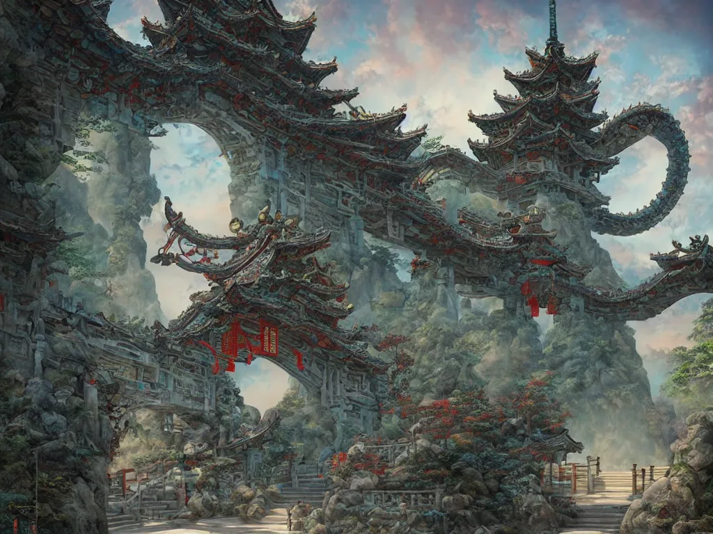 Image similar to tang dynasty shinto gate at the top of many stone steps, a chinese dragon flies behind by peter mohrbacher and dan mumford and nekro, cgsociety, volumetric light, 3 d render