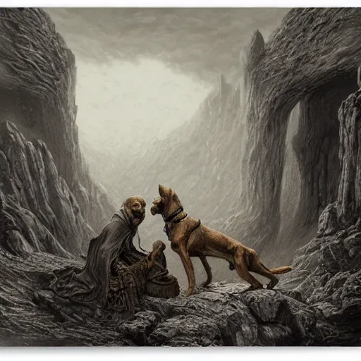 Image similar to dog with a blog, artstation, tolkien, highly detailed matte painting, gustave dore, victorian painting