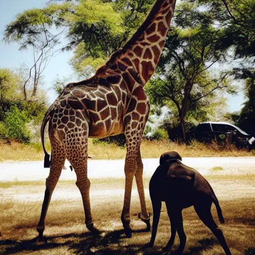 Image similar to a Giraffe-Pug Hybrid, A Giraffe that looks like a pug, huge tusks, afternoon hangout, good times photograph, candid