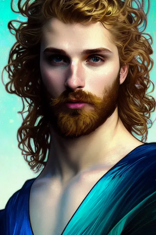 Image similar to portrait of a beautiful young fit male angel with curly blond hairs, dressed with fluent clothes, luminous scene, by greg rutkowski and alphonse mucha, d & d character, gradient white to cyan, in front of an iridescent background, highly detailed portrait, digital painting, artstation, concept art, smooth, sharp focus ilustration, artstation hq