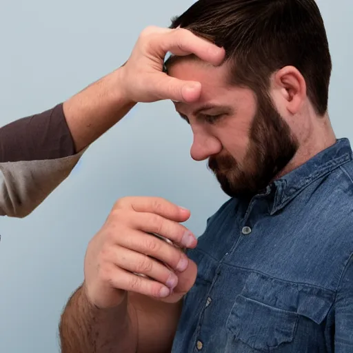 Image similar to man with shoe for head attempts to insert a sock inside of nostril