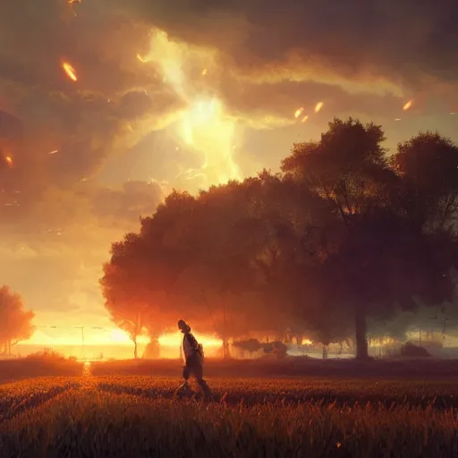 Prompt: a farmer farming in war, blazing sky, unreal engine, chrome reflect, greg rutkowski's fantasy art, global lighting, shining light, detailed and complex environment, midjourney style