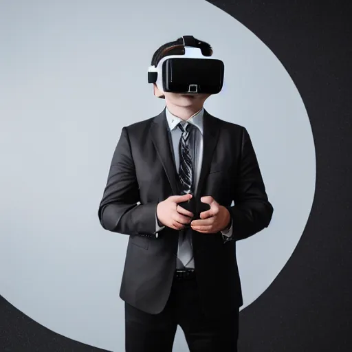 Image similar to clean - shaven chubby white man wearing white dress shirt, necktie, and black dress pants wearing a vr headset. he look mesmerized. iq 4, f / 1. 4, iso 2 0 0, 1 / 1 6 0 s, 8 k, raw, dramatic lighting, symmetrical balance, in - frame