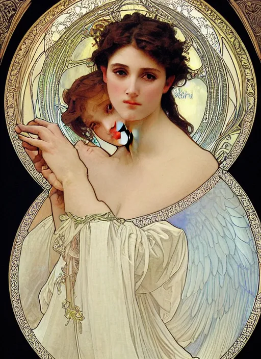 Image similar to portrait of a beautiful angel, intricate, elegant, highly detailed by alphonse mucha and william - adolphe bouguereau