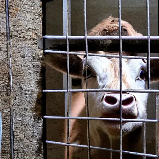 Prompt: chained calf inside a cage watching a bottle of milk