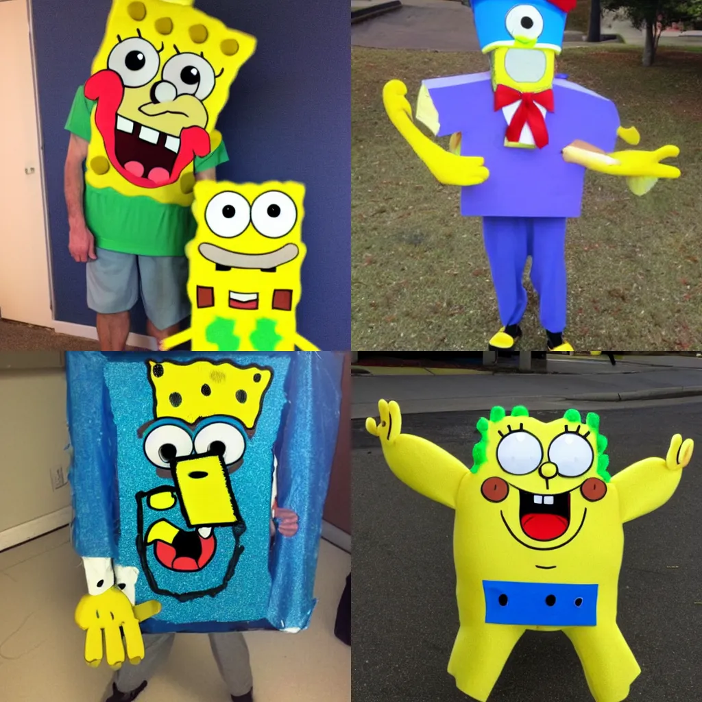 Prompt: a poorly done costume of Spongebob,