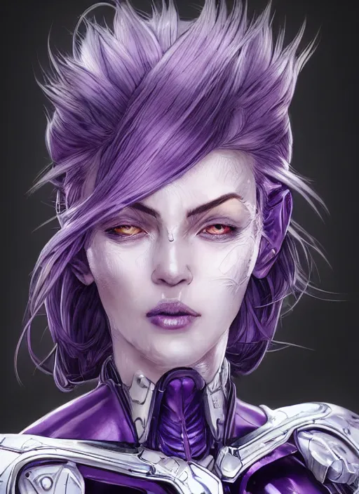 Prompt: close up portrait of a pale woman in amethyst power armor with purple hair, powerful, domineering, stoic, masterful, intense, ultrafine hyperdetailed illustration by kim jung gi, irakli nadar, takuji kawano, intricate linework, sharp focus, octopath traveler, highly rendered, detailed, concept art
