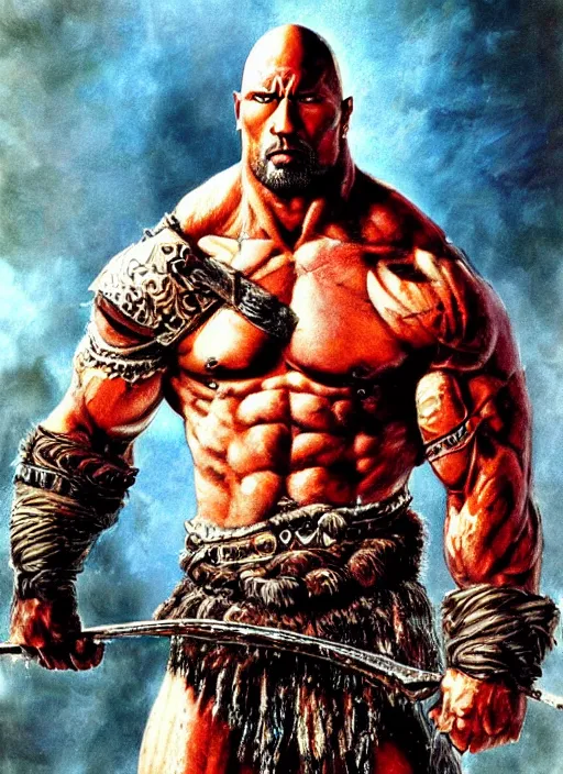 Image similar to a highly detailed beautiful portrait of dwayne johnson kratos hybrid god of war fighting zombies on a pile of human skulls, spartan warrior, olympian god, muscular!, frank frazetta, boris vallejo, octane, fantasy