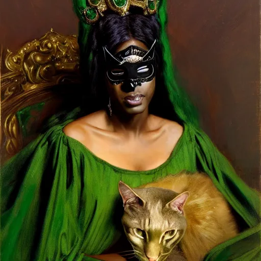 Image similar to full body portrait of black skinned, masked queen in green and black gothic robes sitting on a throne of cats, elegant, highly detailed painting by gaston bussiere, craig mullins, j. c. leyendecker, 8 k, mid shot