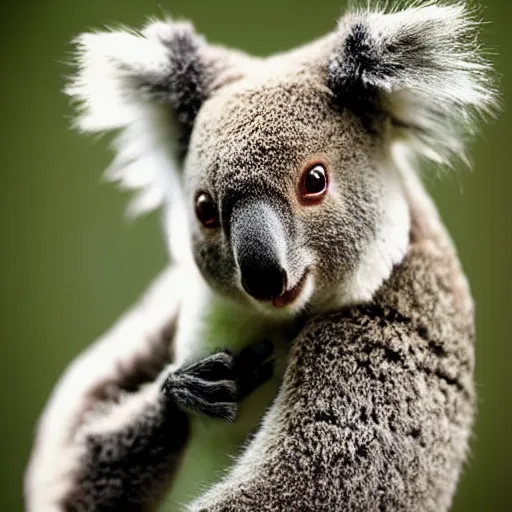 Image similar to ward winning nature photograph of a kangaroo koala crossbreed. extreme detail, hyperrealistic photo