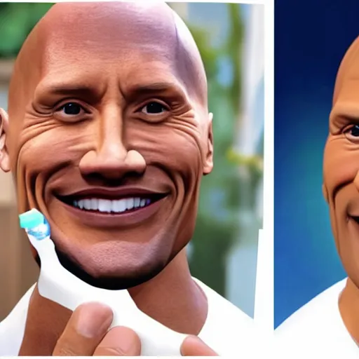 Prompt: obunga and dwayne Johnson promoting toothpaste by showing of their beautiful white teeth and holding toothpaste, hyper realistic, tv commercial