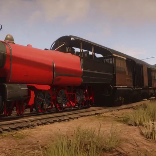 Image similar to futuristic sleek steam locomotive in red dead redemption 2