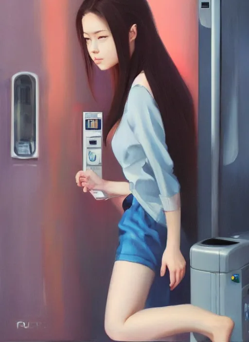 Image similar to oil painting by ilya kuvshinov,, baugh casey, rhads, coby whitmore, of a youthful japanese beauty, long hair, standing holding a outdoors by vending machines, highly detailed, breathtaking face, studio photography, dawn, intense subsurface scattering, blush, supple look, innocence, intense sunlight