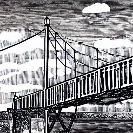 Image similar to small steel suspension bridge built in 1 9 2 8, side view, puffy clouds in background, woodcut style, 8 k