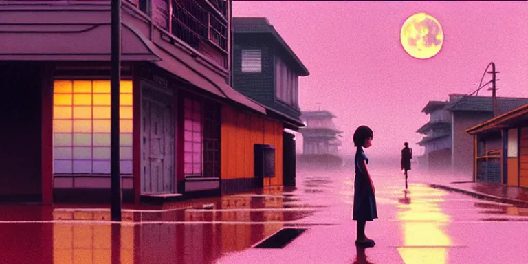 Image similar to an immaculate isometric cinematic keyframe matte painting of the silhouette of a young japanese girl standing in wide wet street 1 9 7 0 s vaporwave rust belt city at dusk with an oversized moon, just after the rain has cleared. by eric lafforgue, glennray tutor and edward hopper, greg rutkowski. trending on artstation.