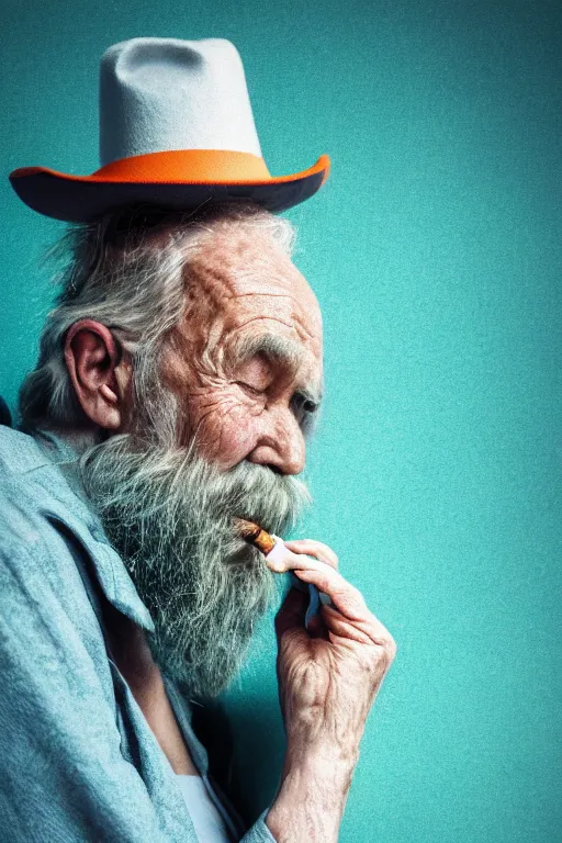 Image similar to insanely moody vaporwave portrait of an old man with hat smoking cigar, motion blurred background, teal and orange colors, vaporwave, photorealism, cinema still, photography, porcelain skin, wrinkles, smooth, volumetric studio lighting, portrait photography, award winning photography, insane details, 8 k high definition, artstation