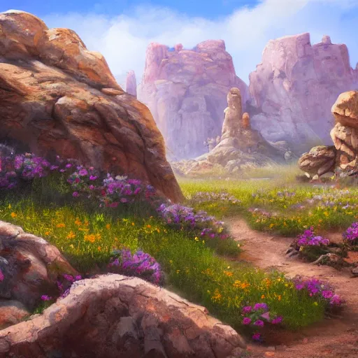 Prompt: a matte painting of the wild west, patchy flowers and rocks, oil painting, pale colors, high detail, 8 k, wide angle, trending on artstation,