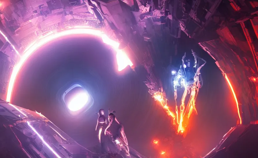 Image similar to giants hybrid of human and angels coming out of the hole in the center of planet earth, tron, close up bokeh hiperrealistic neon glow darkness dramatic neon, sharp focus, octane render, imax