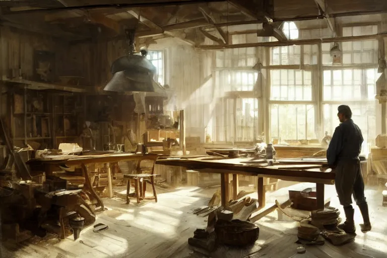 Image similar to simple craftsman fine woodworker building a wooden table in their well lit clean open workshop, art by anders zorn, wonderful masterpiece by greg rutkowski, beautiful cinematic light, american romanticism thomas lawrence, greg rutkowski