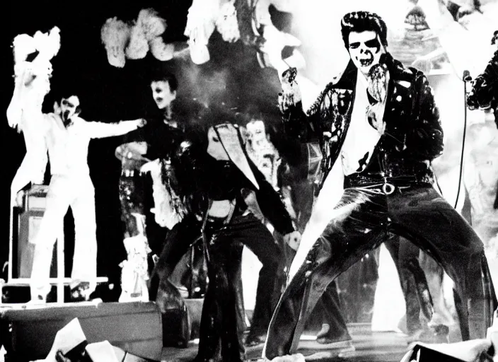 Image similar to Creepy found footage of zombie Elvis performing on stage in an empty stadium