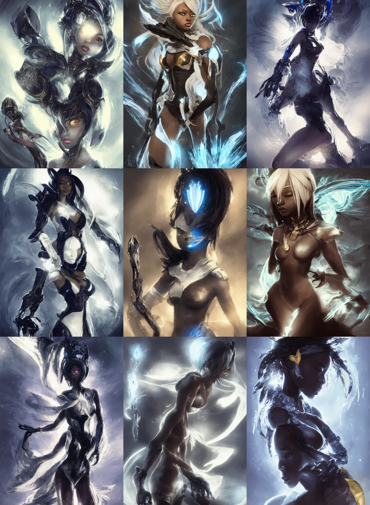 Prompt: of a Ramlethal Valentine, dark fantasy, black asian young beautiful girl, clouse up face portrait, warframe concept promo art, medium shot, intricate, elegant, blue and white and gold, warm light, highly detailed, digital painting, volumetric light, artstation, concept art, smooth, sharp focus, illustration, art by Gil Elvgren and Greg Rutkowski and Alphonse Mucha