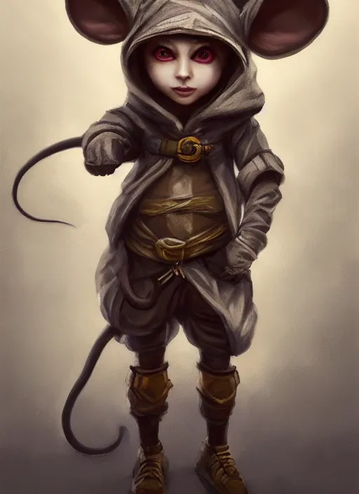 Image similar to full body concept, very fine art oil painting of a cute and sneaky D&D style anthropomorphic mouse hooded thief with a very beautiful face wearing full intricate clothing, ultra detailed, octane render, 4K, dystopian, micro details