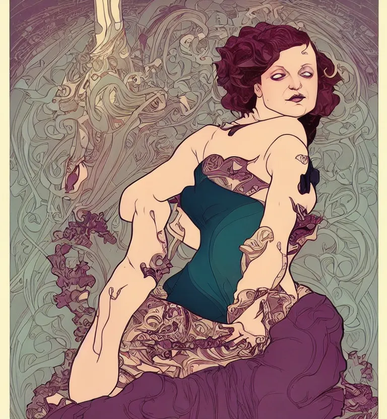 Image similar to Elizabeth Moss by Jamie McKelvie comic art, art nouveau, Peter Mohrbacher, Alphonse Mucha, full body shot