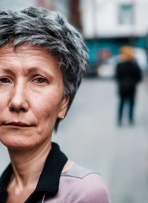 Image similar to color medium shot portrait of 50-year-old woman from Norway with short hair, candid street portrait in the style of Rehahn award winning, Sony a7R