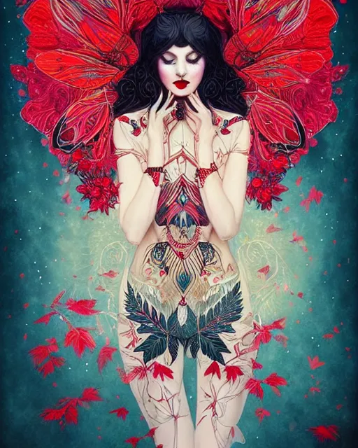 Image similar to highly detailed hippie, black hair, flying leaves on backround, symmetrical, red lips, paint by anna dittman trending on artstation, intricate details, energetic composition, golden ratio, concept art, illustration, elegant art