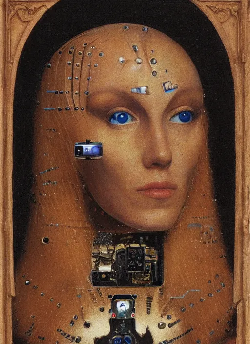 Image similar to a portrait of cyborg queen jacked into a man-machine interface by Jan van Eyck