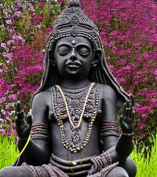 Prompt: mystical hindu black death god statue in tall meadow of flowers, dslr photo, grainy, high detail, high resolution