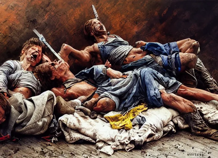 Image similar to after the battle, the warriors take their rest, art by denys tsiperko and bogdan rezunenko, hyperrealism