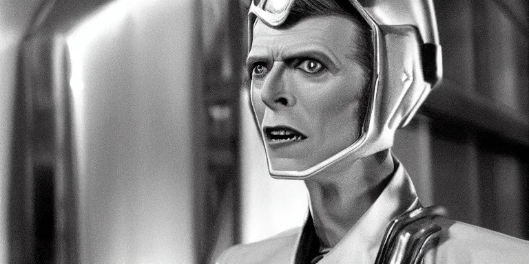 Prompt: photorealistic medium close shot cinematography of a david bowie in a cheesy 5 0's space suit acting as a man from outter space in a twilight zone episode that takes place in an art deco lab shot on film by the shining cinematographer john alcott on a cooke panchro 6 5 mm macro lens.