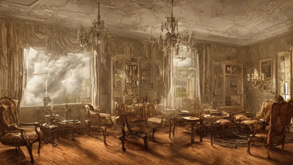 Prompt: richly decorated Victorian house, modern, beautiful, detailed wood, photorealistic, photorealism, ball lightning, lightning, clouds, smoke, storm, diffuse light, vivid cybernetics