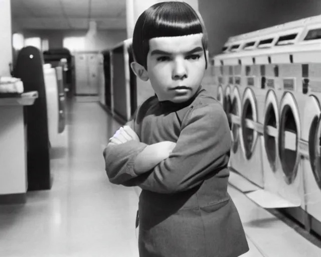 Prompt: young Spock at the laundromat, journalist photo