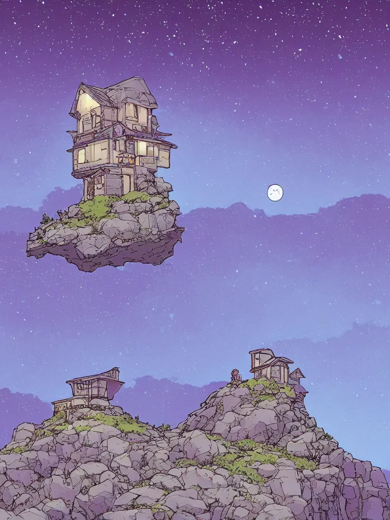Prompt: a digital art of a small house on the cliff, a huge icy blue moon, a purple sky full of small stars, by laurie greasley, artstation, studio ghibli color scheme