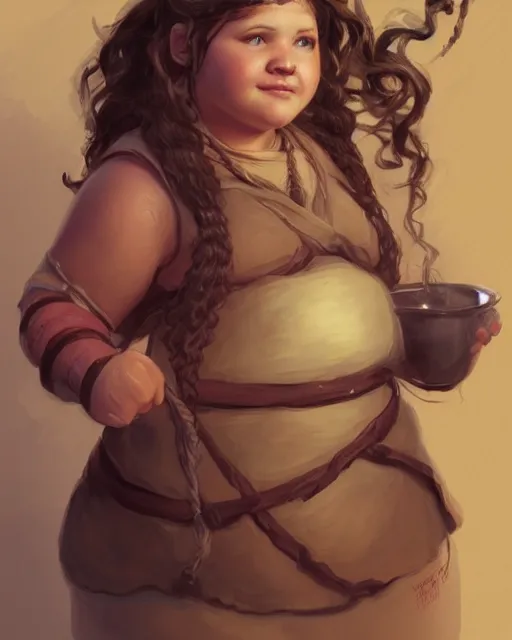 Prompt: cute chubby female dwarven cook before a cauldron | neat elaborated soft long curly braided hair | big nose | beautiful plump body | intricate, highly detailed, digital painting, artstation, concept art, soft lighting, dungeons and dragons , art by Mark Zug and Donato Giancola