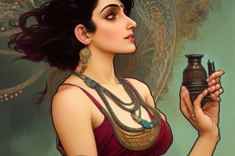 Image similar to sensual pale beautiful indian doctor in jeans, art deco portrait, elegant, intricate, digital painting, artstation, concept art, smooth, sharp focus, illustration, art by artgerm and greg rutkowski and alphonse mucha