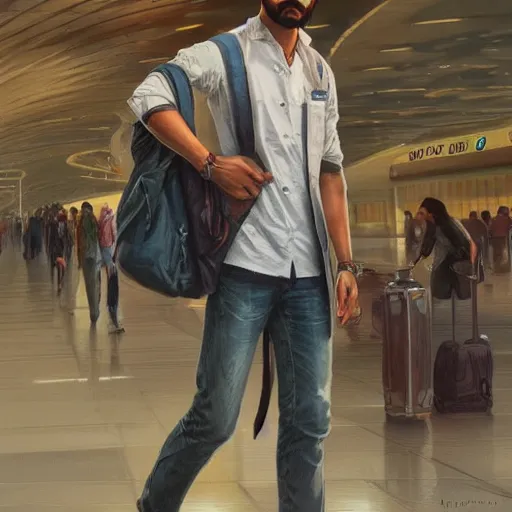 Image similar to Anxious good looking pale young Indian doctors wearing jeans and shirts at the airport, portrait, elegant, intricate, digital painting, artstation, concept art, smooth, sharp focus, illustration, art by artgerm and greg rutkowski and alphonse mucha